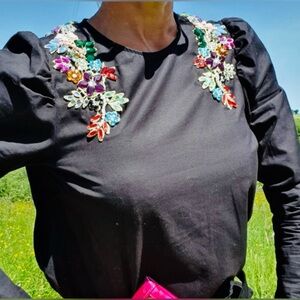 NEW! H&M BLACK COTTON BLOUSE WITH SPARKLES AND PUFF SLEEVES, SIZE US 8 💜💚💓❣️🧡💕💙